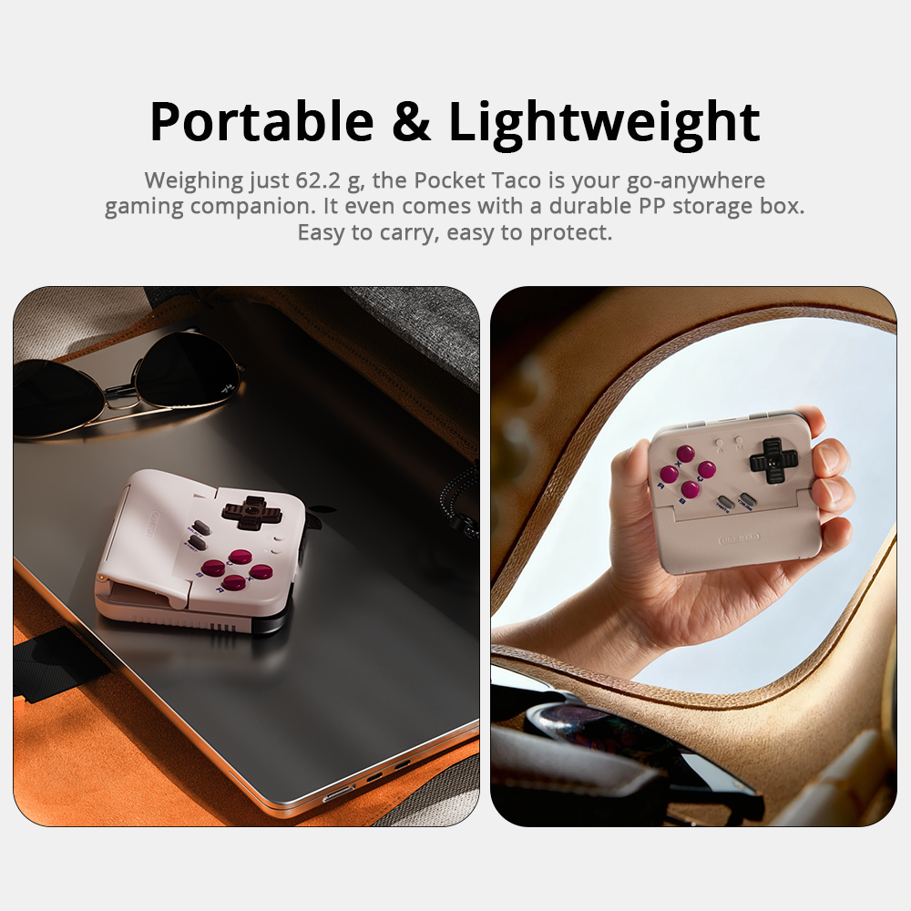 Weight: It weighs only 62.2 g (approx. 0.14 lbs). To put that in perspective, it is lighter than a standard tennis ball (56–59g) and roughly one-third the weight of a typical modern smartphone.Durable PP Storage Box: The text mentions it comes with a polypropylene (PP) storage box. This is a hard-plastic, protective travel case that prevents the buttons and sticks from being pressed or damaged while it’s tossed in a backpack, suitcase, or pocket.Compact Form Factor: The visuals show the controller being easily held in the palm of a hand and stored alongside a slim laptop, emphasizing its role as a