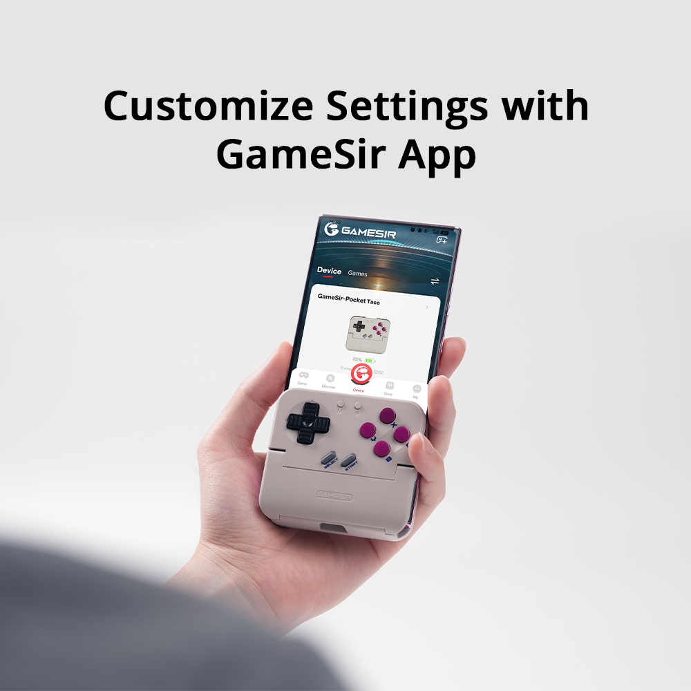 Software Integration of the GameSir Pocket Taco, specifically interacts with the official GameSir App.1. Software Customization & MonitoringGameSir App Integration: The controller is fully compatible with the GameSir App, acting as a central hub for personalization.Device Status: The app provides real-time monitoring of the controller, including accurate battery percentage (e.g., 78% as shown) and current firmware version.Advanced Mapping: Players can use the app to remap buttons, set up turbo functions, and adjust D-pad sensitivity (such as locking diagonals for cleaner retro movement).2. Hardware & Button MechanicsTactile Switch Triggers & Bumpers: The shoulder buttons (L1/L2, R1/R2) use tactile switches for a modern, clicky response.Cushioned Membrane ABXY & D-pad: The face buttons use classic membrane technology to replicate the soft, nostalgic feel of retro handhelds like the Game Boy.Soft Silicone Pads: The interior of the clamp features multi-layered silicone padding to securely grip the phone while preventing scratches.3. Portability & Design ConceptVertical Handheld Gaming: Its unique