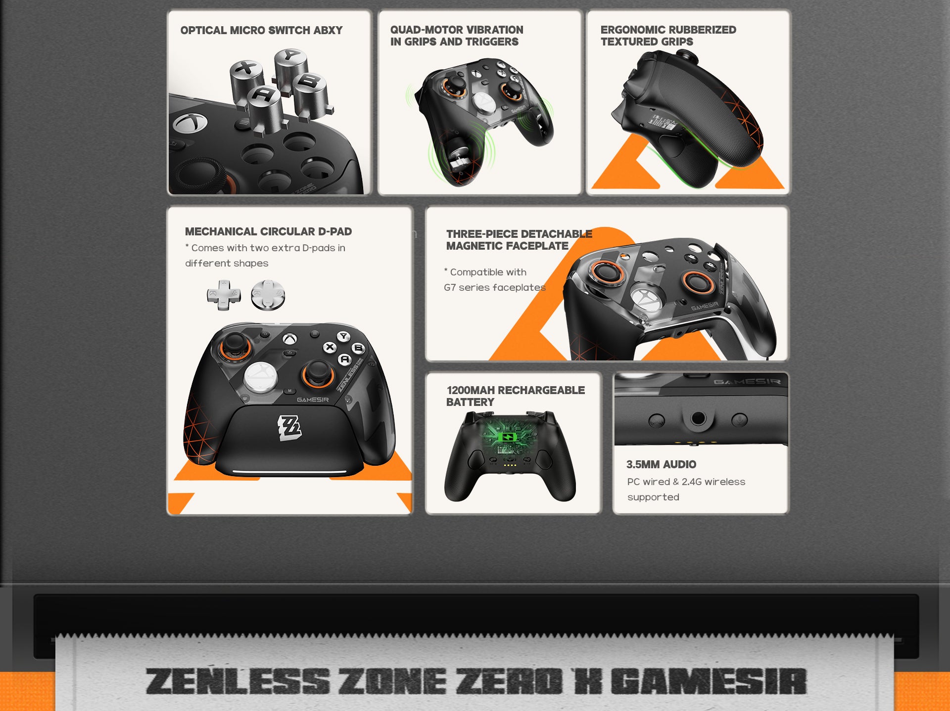 Experience unparalleled tactile precision with Optical Micro Switch ABXY buttons and a responsive Mechanical Circular D-Pad, which comes with two additional shapes to suit your unique fighting style. Feel the heart of the action through a quad-motor vibration system integrated into both the grips and triggers, providing nuanced haptic feedback for total immersion.Designed for long-haul comfort, the controller features ergonomic rubberized textured grips that ensure a secure hold during intense sessions. Customization is effortless with the three-piece detachable magnetic faceplate, fully compatible with the G7 series ecosystem. Power your play with a high-capacity 1200mAh rechargeable battery, and stay connected to your audio via the 3.5mm jack, supporting high-fidelity sound in both PC wired and low-latency 2.4G wireless modes.