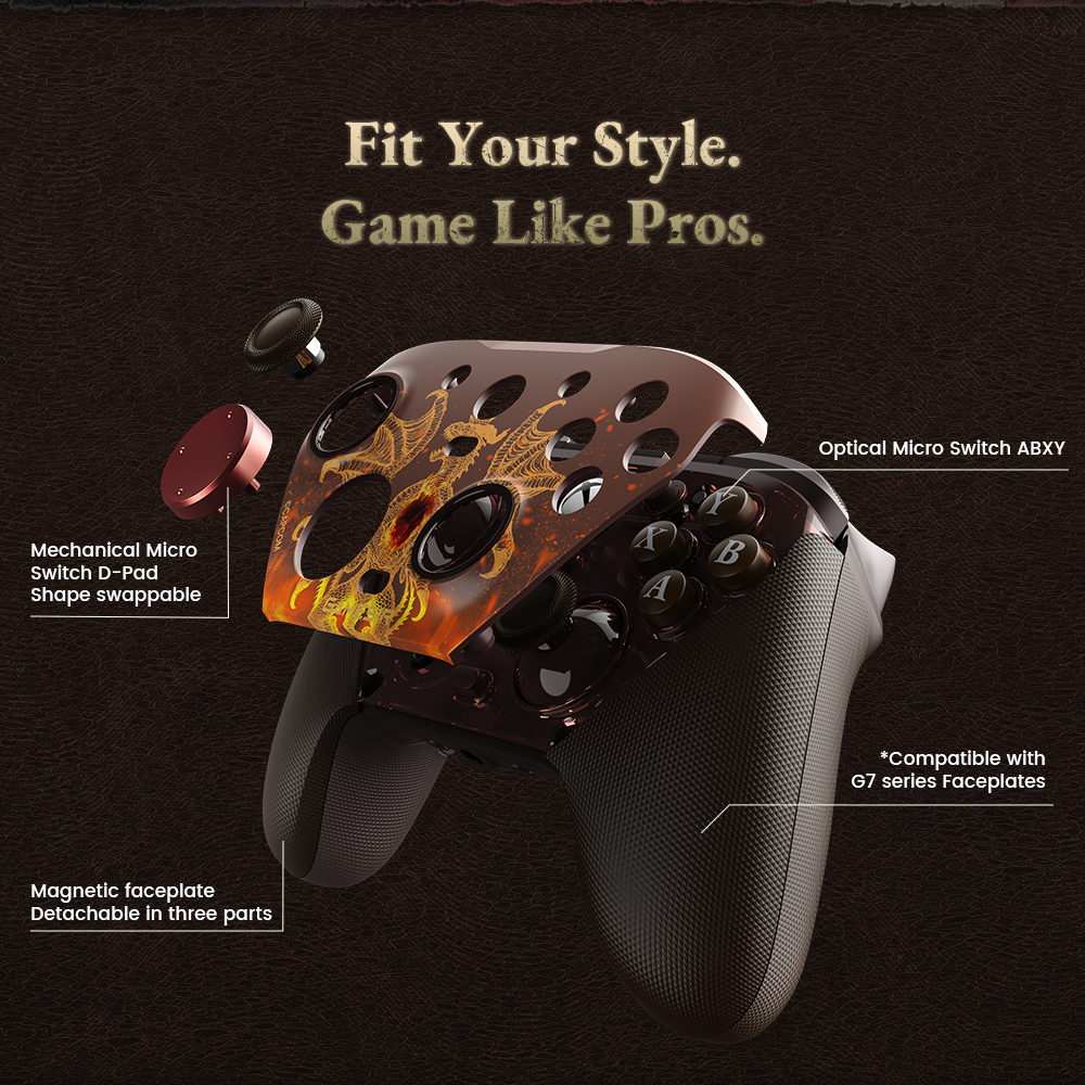 1. Professional Customization & AestheticsThe controller is designed to be personalized both visually and functionally:Three-Part Magnetic Faceplate: The faceplate features exclusive Dragon's Dogma 2 artwork (depicting the Dragon and the heart). It is detachable in three separate magnetic parts, allowing for easy cleaning or mixing and matching.G7 Series Compatibility: It remains compatible with standard GameSir G7 series faceplates, offering a wide range of aesthetic options.Shape-Swappable D-Pad: The D-pad uses Mechanical Micro Switches for a crisp, clicky feel and allows you to swap between different shapes (e.g., cross vs. circular) to suit your preference for action or fighting games.2. Ultra-Fast Optical & Mechanical ButtonsTo match its internal speed, the controller uses premium switch technology for every press:Optical Micro Switch ABXY: These buttons use light-based actuation rather than physical contact, providing near-instant triggers and significantly higher durability than traditional rubber dome buttons.Tactile Feedback: Every button press provides a sharp,
