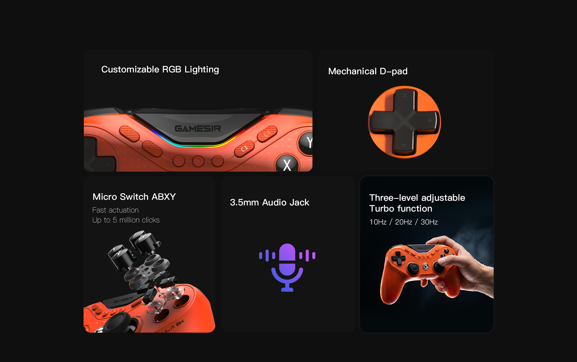 Engineered for ultimate precision, this GameSir controller features Micro Switch ABXY buttons for rapid actuation and a durable 5-million-click lifespan, paired with a tactile Mechanical D-pad for flawless control. Enhance your gameplay with the three-level adjustable Turbo function (offering 10Hz, 20Hz, and 30Hz speeds) and stay fully immersed via the integrated 3.5mm Audio Jack. Topped off with Customizable RGB Lighting, this controller delivers the perfect blend of elite performance and stunning personalized aesthetics.