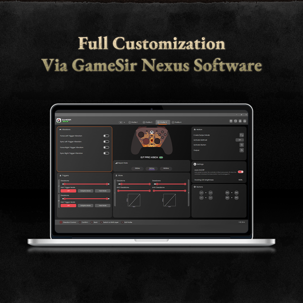 The Full Customization capabilities of the GameSir G7 Pro Dragon's Dogma 2 Edition via the GameSir Nexus Software.The software interface shown on the laptop screen allows players to fine-tune every aspect of the controller's performance:Vibrations: Independently adjust the force and sync levels for the four rumble motors (left/right triggers and left/right grips).Triggers: Set deadzones and toggle between