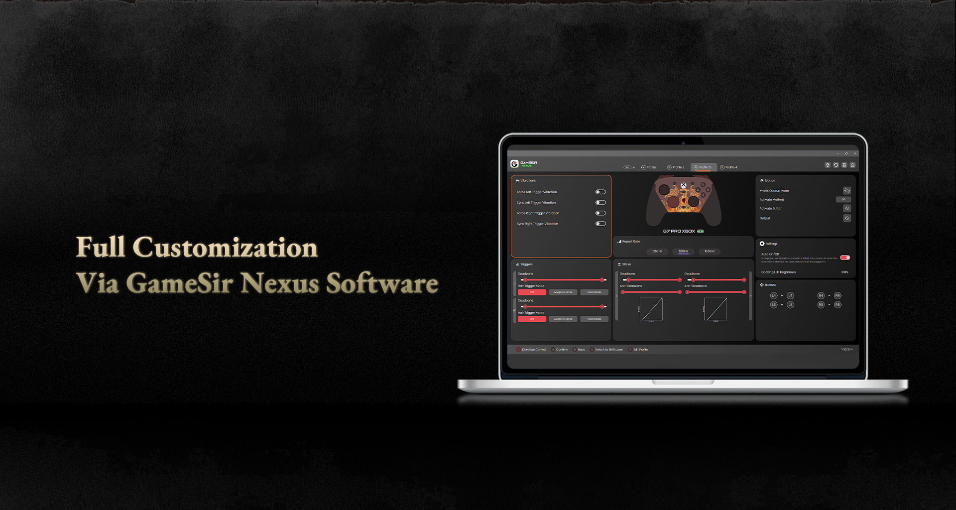 The Full Customization capabilities of the GameSir G7 Pro Dragon's Dogma 2 Edition via the GameSir Nexus Software.The software interface shown on the laptop screen allows players to fine-tune every aspect of the controller's performance:Vibrations: Independently adjust the force and sync levels for the four rumble motors (left/right triggers and left/right grips).Triggers: Set deadzones and toggle between