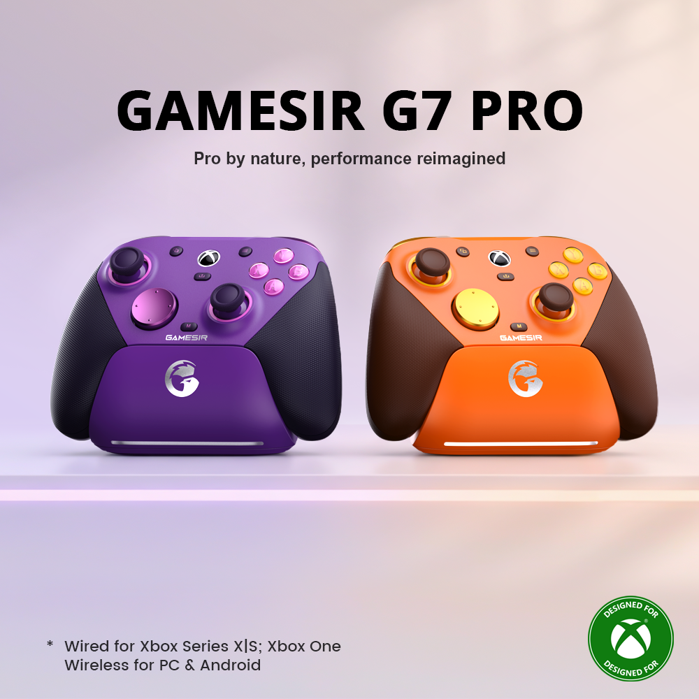 GameSir G7 Pro: An Xbox-licensed controller with wired Xbox and wireless PC/Android support. Available in Purple and Amber with integrated charging docks.