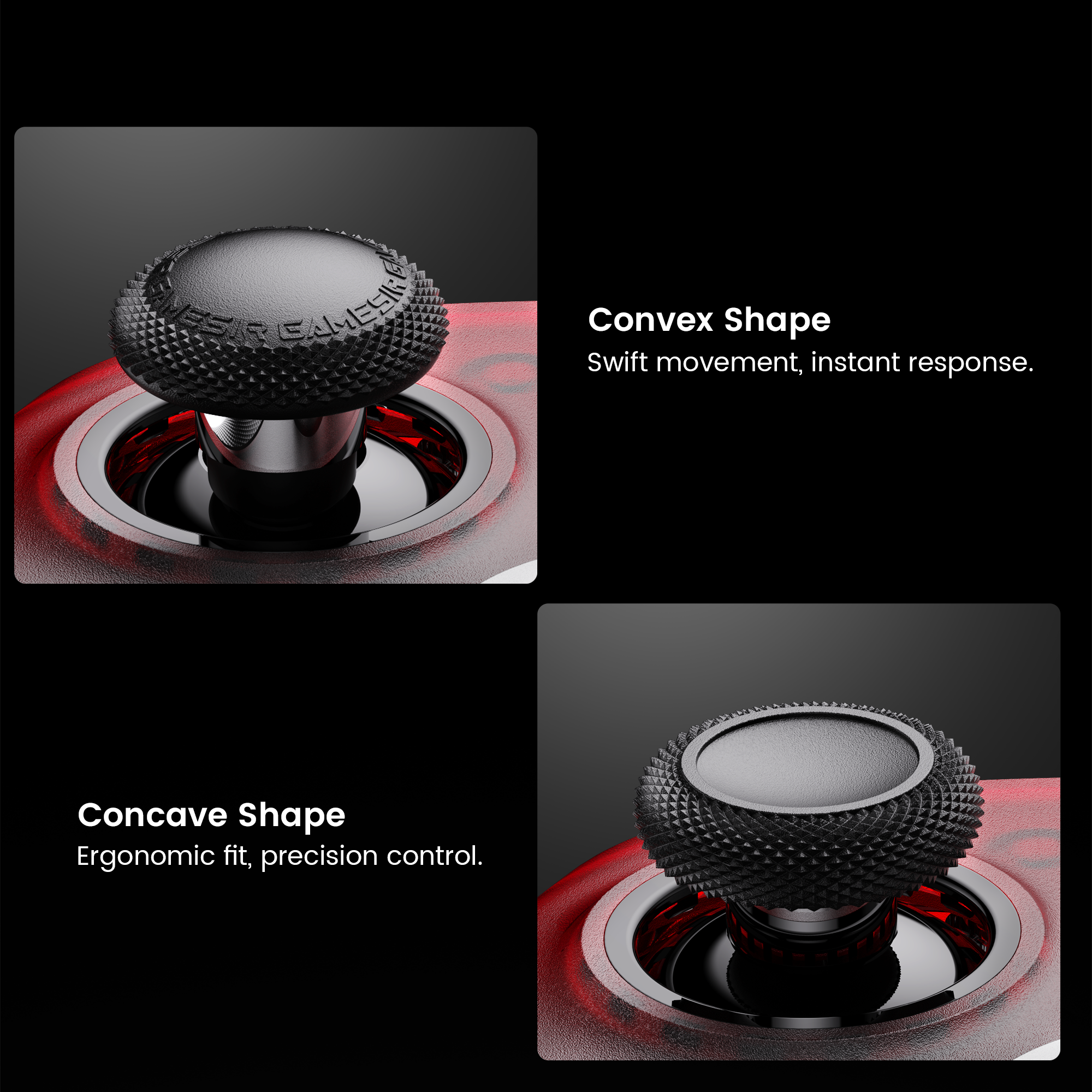 The GameSir Detachable Joystick Caps offer two distinct profiles to enhance your gameplay: the Convex Shape is designed for swift movement and instant response, while the Concave Shape provides an ergonomic fit for precision control. This set includes three pairs of caps in various heights and shapes, ensuring a tailored experience specifically for the GameSir G7 Pro Series and Cyclone 2 controllers.