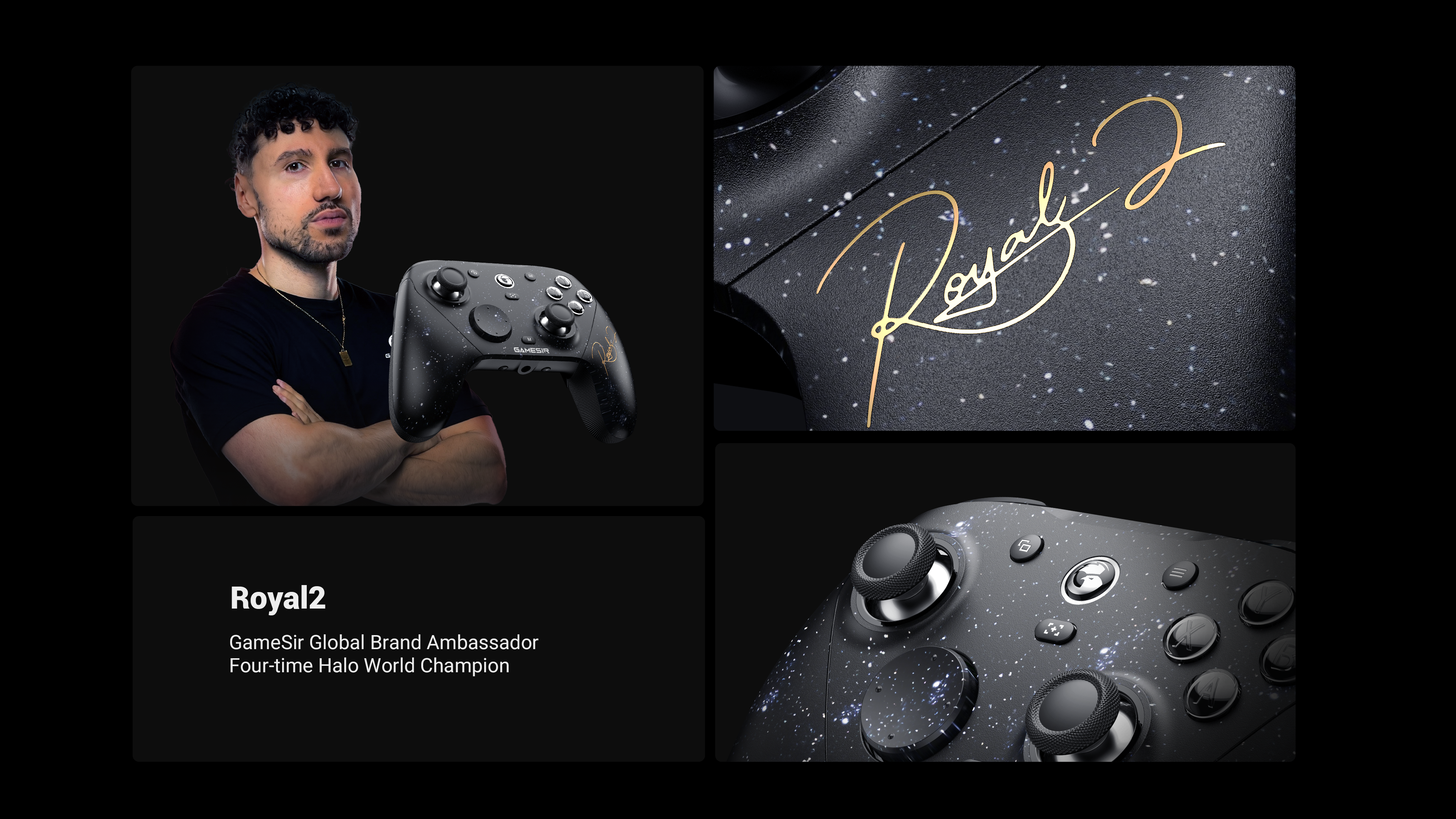 G7 Pro 8K PC Royal2 Edition Inspired by Halo legendary player - Royal2Its deep black finish, meticulously dotted with a stardust galaxy pattern, captures the infinite scope of Halo battles and Royal2's calm precision under pressure. Resting on its sleek black charging base, centered by a gleaming golden crown logo, the controller feels like a relic from a lost space-faring kingdom, symbolizing a lasting legacy. On the right grip, Royal2's signature, rendered in hot gold stamping, serves as a legendary seal, a pledge of dominance. This isn't just a controller; it's a cosmic scepter for the true champion.