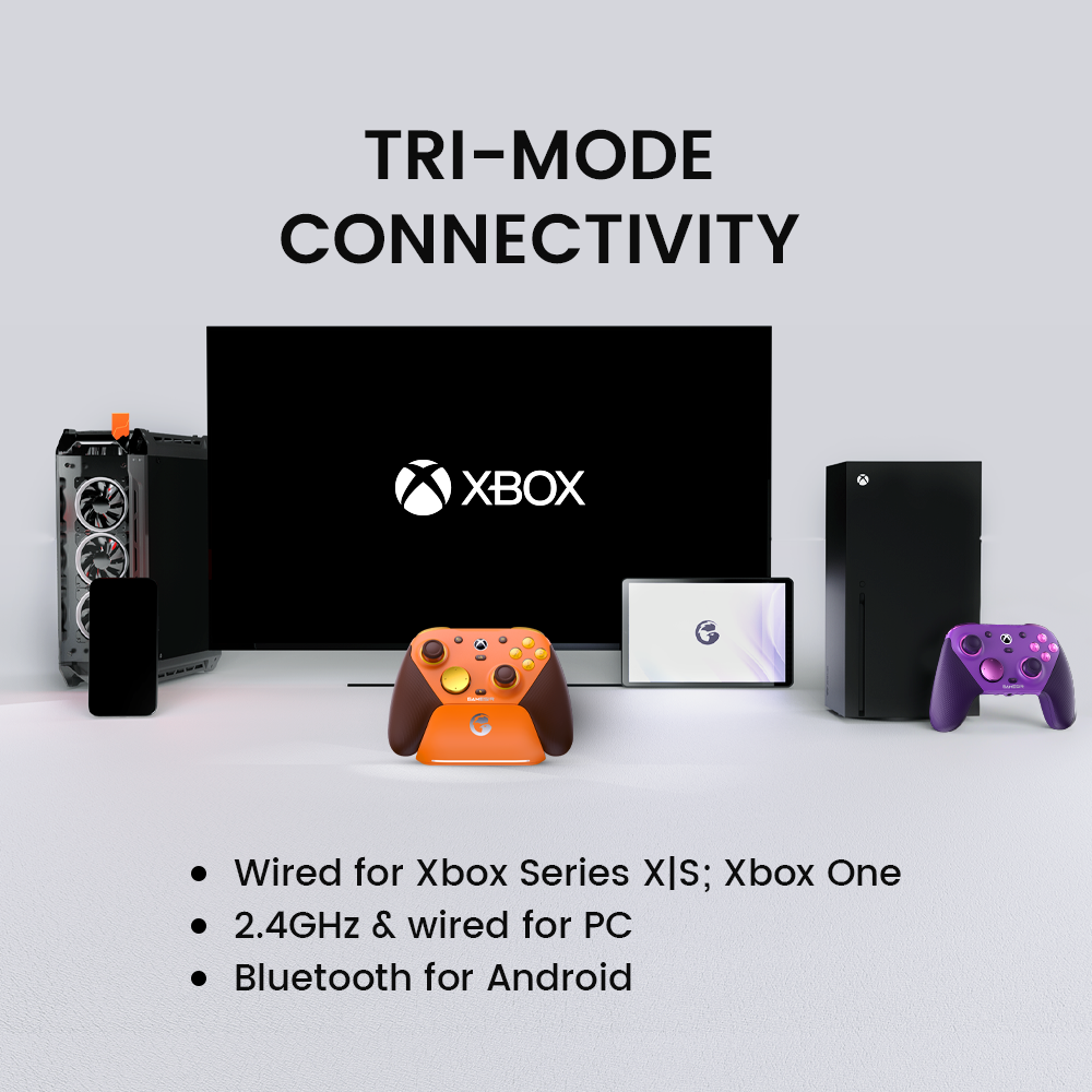 The GameSir G7 Pro features tri-mode connectivity: 2.4GHz/wired for PC, Bluetooth for Android, and wired for Xbox.