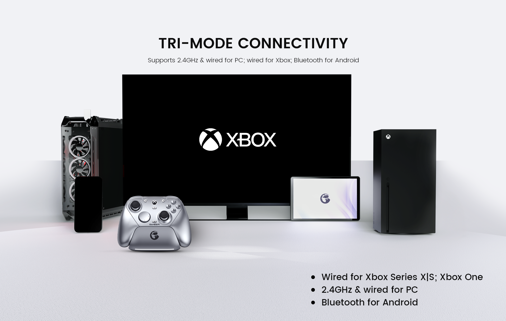 The controller features Tri-Mode Connectivity for ultimate versatility across platforms. It supports a stable wired connection for Xbox (Series X|S and Xbox One), both 2.4GHz wireless and wired modes for PC, and Bluetooth connectivity for Android devices, ensuring a seamless gaming experience on multiple systems.