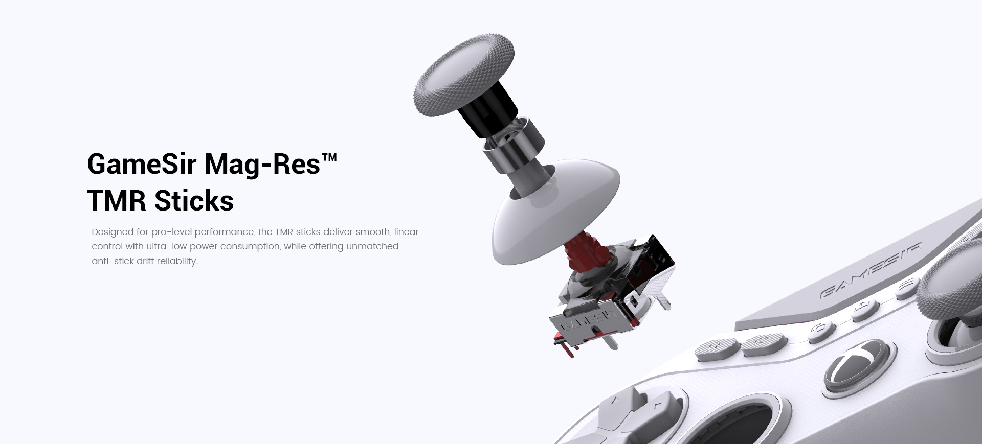 GameSir Mag-Res™ TMR Sticks, a flagship joystick technology featured in high-end controllers like the GameSir G7 Pro and Tarantula Pro.TMR stands for Tunneling Magnetoresistance, and it is considered the