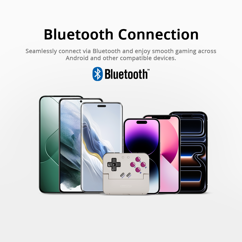 1. Universal Wireless CompatibilityBecause the Pocket Taco uses Bluetooth rather than a physical connector (like USB-C or Lightning), it offers a few distinct advantages:Cross-Platform Support: While the image highlights Android, the device is also compatible with iOS (iPhone), as well as PC and the Nintendo Switch.Case Friendly: Since there is no plug to insert into the phone's port, you don't need to remove your phone case to use the controller.Universal Fit: It can clamp onto phones regardless of where their charging port is located or what type of port they have.2. Smooth PerformanceGameSir has engineered this connection to ensure
