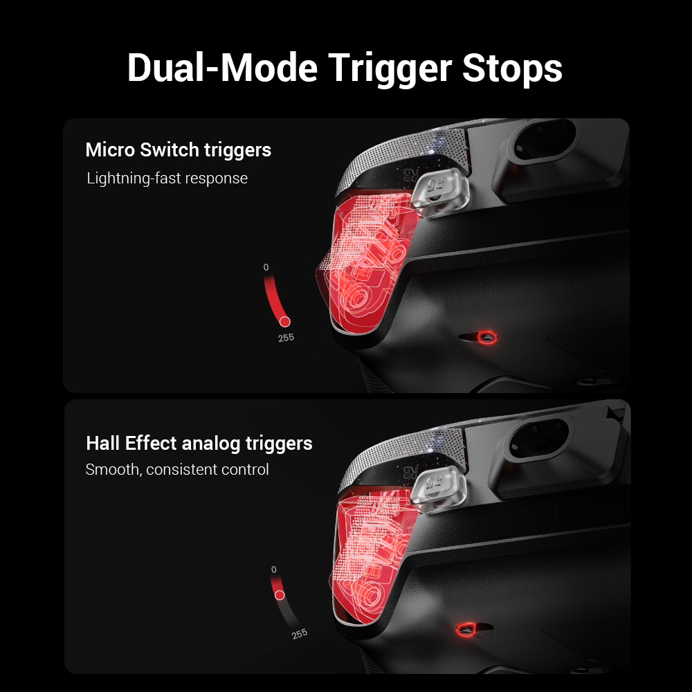 GameSir G7 Pro 8K PC Royal2 Edition Dual-Mode Trigger Stops The G7 Pro 8K PC Royal2 Edition features dual-mode trigger stops, letting you switch effortlessly between Hall Effect analog triggers and micro switch triggers. Precision-tuned Hall Effect analog triggers deliver smooth, linear input for accurate control, while clicky micro switch triggers provide instant response. Whether you need precise linear control or ultimate responsiveness, it gives you the competitive edge.