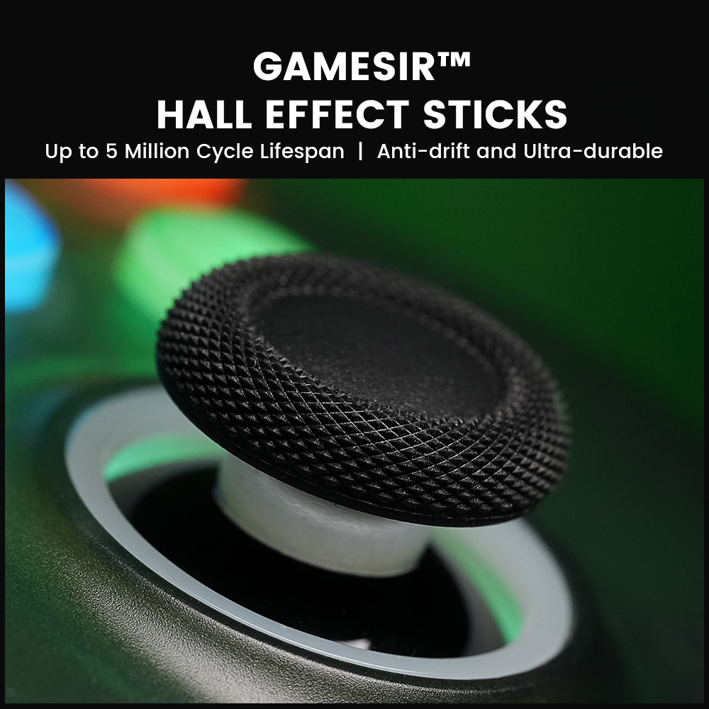 The Anti Stick-Drift Solution: GameSir Mag-Res™ TMR sticks Using GameSir™ non-contact magnetic GameSir Mag-Res™ TMR technology to ensure the sticks never wear down in their lifetime and provide an ultra lifespan of up to 5 million cycles, the T7 Pro prevents stick drift and ensures reliable, durable stick performance.
