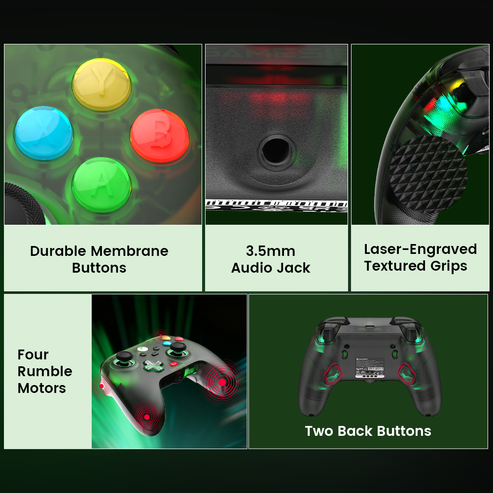 Durable Membrane Buttons3.5mm Audio JackLaser-Engraved Textured GripsFour Rumble MotorsTwo Back Buttons