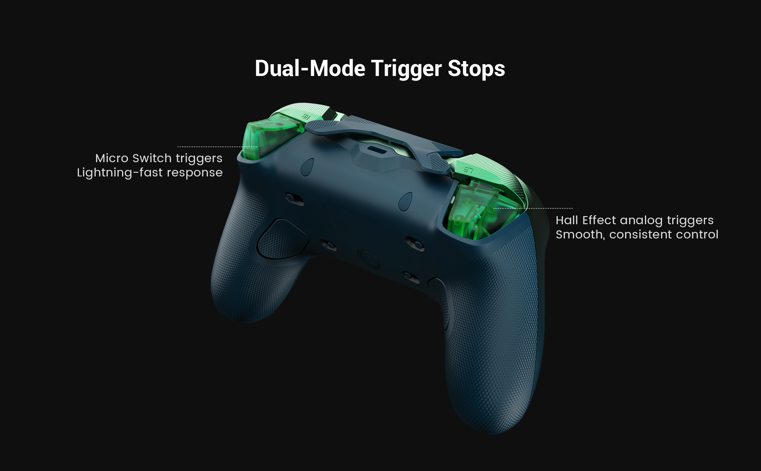 Dual-Mode Trigger Stops of the GameSir Tarantula 8K PC (MenaRD Collab Edition). This feature allows players to physically change how the LT and RT triggers behave to suit different game genres.Here is a breakdown of the two distinct modes:1. Hall Effect Analog Mode (Smooth Control)How it works: Uses magnetic Hall Effect sensors to detect the full range of the trigger pull (usually from 0 to 255).The Feel: A long, smooth, and consistent travel distance.Best For: Games that require pressure sensitivity, such as racing games (for precise throttle and braking) or certain action games where you need to charge up an attack or draw a bow.2. Micro Switch Mode (Lightning-Fast Response)How it works: When you flip the physical