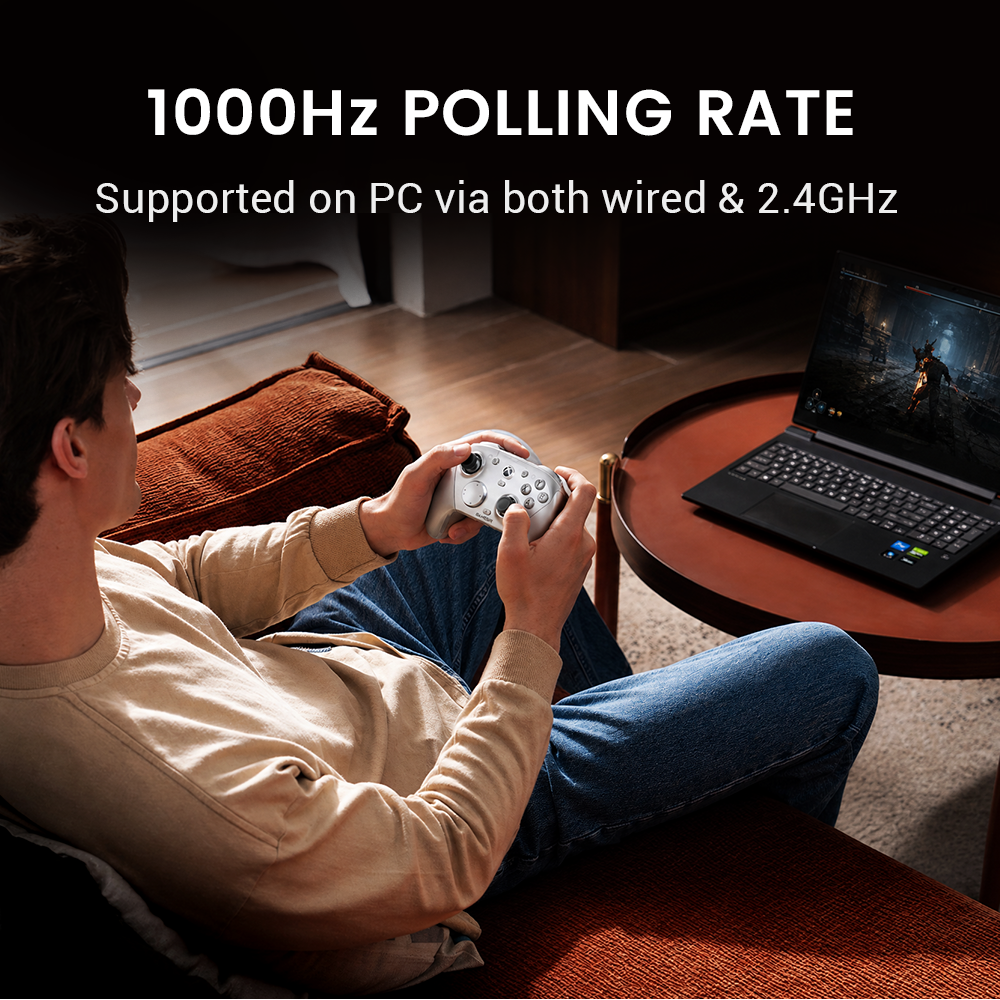 1000Hz Polling RateThe GameSir G7 Pro Metallic Silver delivers ultra-fast responsiveness with a 1000Hz polling rate, supported on PC via both wired and 2.4GHz connections.