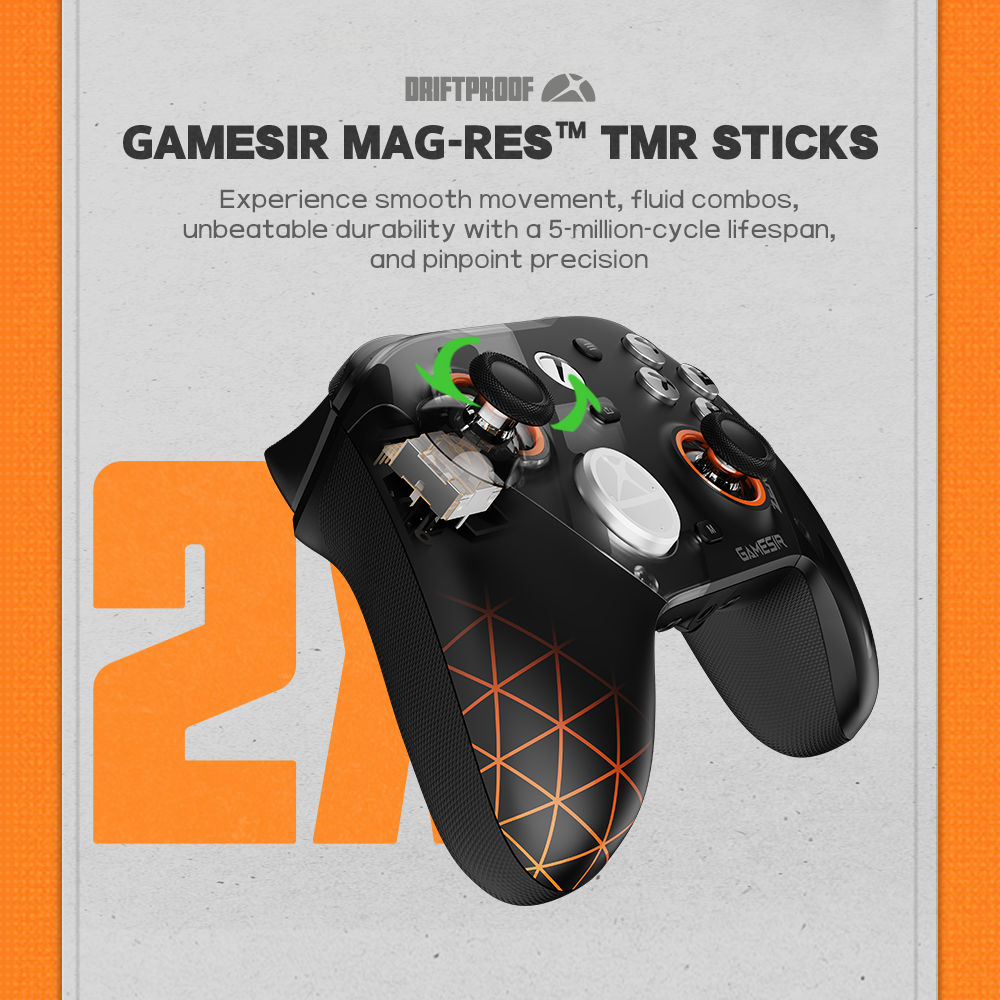 Elevate your gaming performance with GameSir Mag-Res™ TMR Sticks. Engineered to be completely driftproof, these sticks allow you to experience smooth movement and execute fluid combos with absolute ease. Beyond performance, they offer unbeatable durability with a staggering 5-million-cycle lifespan, ensuring pinpoint precision remains consistent throughout years of intense gaming.