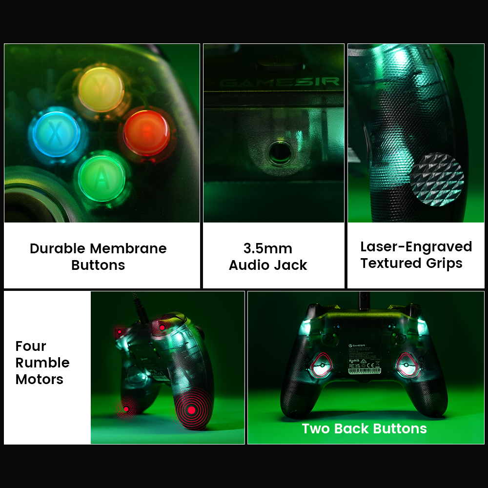 This controller features durable membrane buttons, laser-engraved textured grips, and a 3.5mm audio jack for premium comfort and precision. Its four rumble motors deliver immersive haptic feedback, while dual back buttons provide enhanced control for a competitive edge.