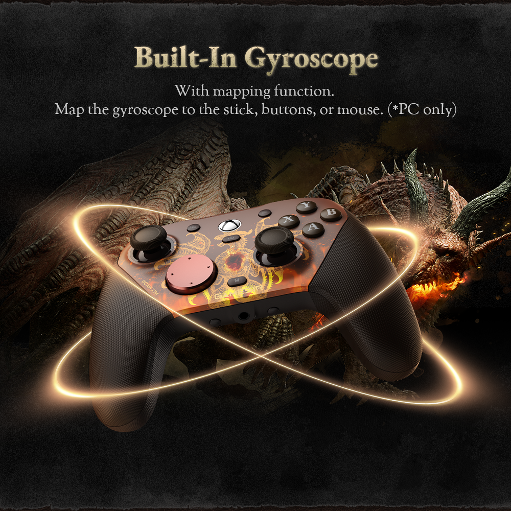 In Gyroscope feature of the GameSir G7 Pro Dragon's Dogma 2 Edition.1. Built-In Gyroscope (PC Only)The integrated gyroscope allows for motion-based control, significantly enhancing gameplay on PC:Advanced Mapping: Through the GameSir Nexus software, the gyro can be mapped to the joystick (for motion-aiming), buttons, or even a mouse.Intuitive Aiming: This is particularly useful for fine-tuning shots with bows or magic in Dragon's Dogma 2, allowing for natural, tilt-based aiming adjustments.2. Mag-Res™ TMR SticksThis is the first officially Xbox-licensed controller to feature TMR (Tunneling Magnetoresistance) technology.The Hybrid Advantage: TMR sticks offer a