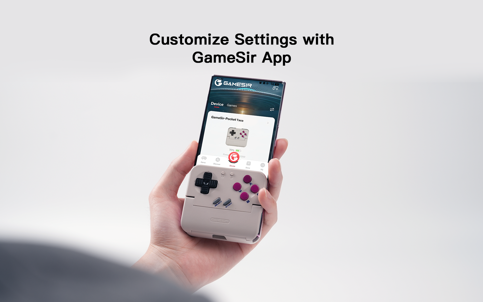 Software Integration of the GameSir Pocket Taco, specifically interacts with the official GameSir App.1. Software Customization & MonitoringGameSir App Integration: The controller is fully compatible with the GameSir App, acting as a central hub for personalization.Device Status: The app provides real-time monitoring of the controller, including accurate battery percentage (e.g., 78% as shown) and current firmware version.Advanced Mapping: Players can use the app to remap buttons, set up turbo functions, and adjust D-pad sensitivity (such as locking diagonals for cleaner retro movement).2. Hardware & Button MechanicsTactile Switch Triggers & Bumpers: The shoulder buttons (L1/L2, R1/R2) use tactile switches for a modern, clicky response.Cushioned Membrane ABXY & D-pad: The face buttons use classic membrane technology to replicate the soft, nostalgic feel of retro handhelds like the Game Boy.Soft Silicone Pads: The interior of the clamp features multi-layered silicone padding to securely grip the phone while preventing scratches.3. Portability & Design ConceptVertical Handheld Gaming: Its unique