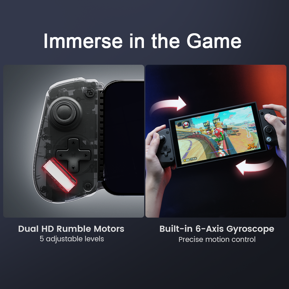 This game controller features dual HD rumble motors with 5 adjustable levels for a customized tactile experience. It also includes a built-in 6-axis gyroscope to provide precise motion control for an immersive gaming session.