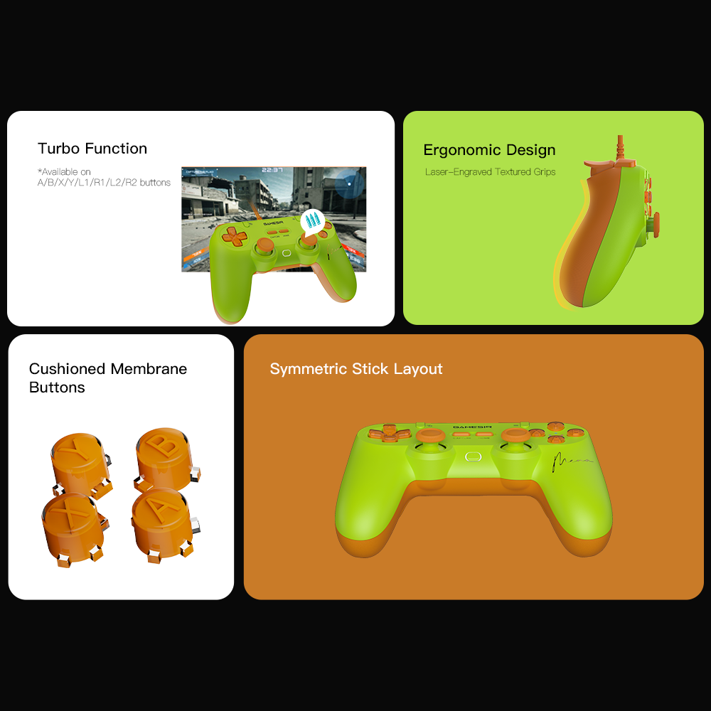 GameSir Tegenaria Lite (MenaRD Collaboration Edition).Adding these to the previous specifications, here is the technical breakdown of the controller's functionality:1. Turbo FunctionThe controller includes a built-in Turbo mode to assist with rapid-fire inputs.Wide Compatibility: The Turbo function can be assigned to almost every primary action button, including A, B, X, Y, L1, R1, L2, and R2.Use Case: This is particularly valuable for retro gaming and certain fighting game training modes where repetitive