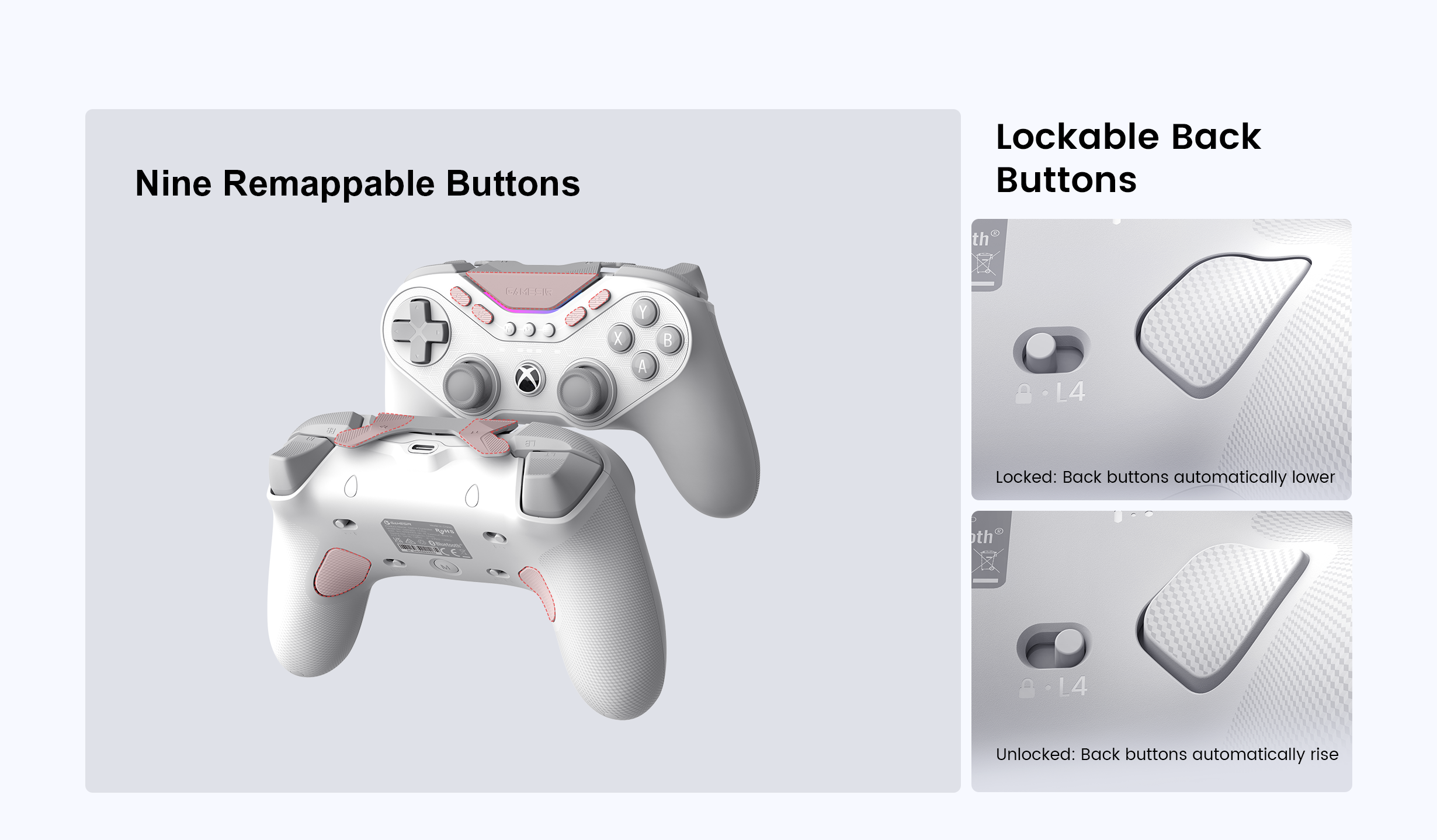 e GameSir Tarantula Pro for Xbox.These features are designed to give competitive players surgical control over their layout and prevent accidental inputs. Here is the technical breakdown:1. Nine Remappable ButtonsThe controller offers a massive array of programmable inputs beyond the standard Xbox layout, allowing players to keep their thumbs on the sticks at all times:Physical Layout:Two Back Buttons: Large ergonomic paddles on the rear grips.Two Top Mini-Bumpers: Located on the shoulder between the standard triggers and bumpers.Five Extra Front Buttons: A specialized cluster of buttons on the face of the controller (positioned around the center and ABXY area) for quick thumb access.Remapping: Through the GameSir Nexus software (on Xbox or PC), every one of these nine buttons can be reassigned to any other controller function or complex macros.2. Lockable Back Buttons (Retractable Mechanism)This is a unique mechanical feature found in the Tarantula series that solves the common problem of accidental back-button presses:Locked Mode: When you slide the physical toggle switch to the