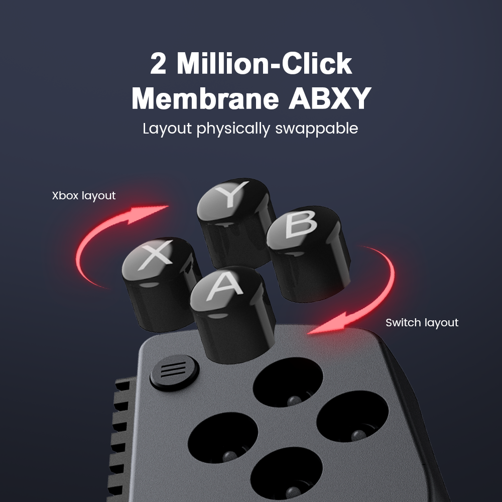 The game controller features 2 million-click membrane ABXY buttons with a physically swappable layout, allowing for a personalized and long-lasting gaming experience.