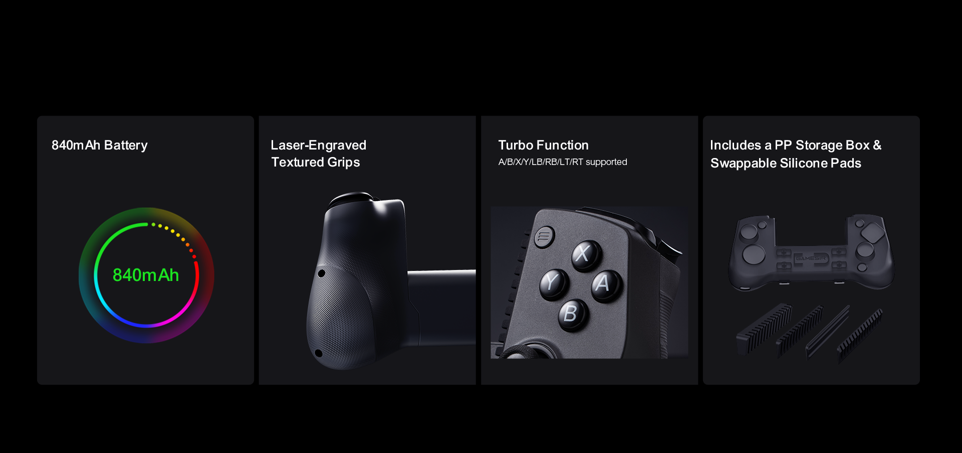 The game controller is equipped with an 840mAh battery and laser-engraved textured grips for enhanced comfort and control. It features a Turbo function supporting A/B/X/Y/LB/RB/LT/RT buttons and includes a PP storage box along with swappable silicone pads.