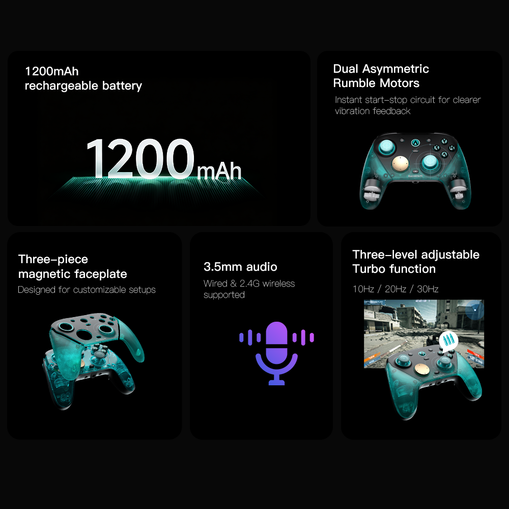 Beyond raw speed, the G7 Pro 8K is built for total immersion and customization. Power through long sessions with the 1200mAh rechargeable battery and personalize your look with the three-piece magnetic faceplate. Feel every moment with dual asymmetric rumble motors featuring an instant start-stop circuit for crisp feedback, while the 3.5mm audio jack (supporting both wired and 2.4G wireless) keeps you in the zone. For a competitive edge, the three-level adjustable Turbo function (up to 30Hz) ensures you're always ready for rapid-fire action.