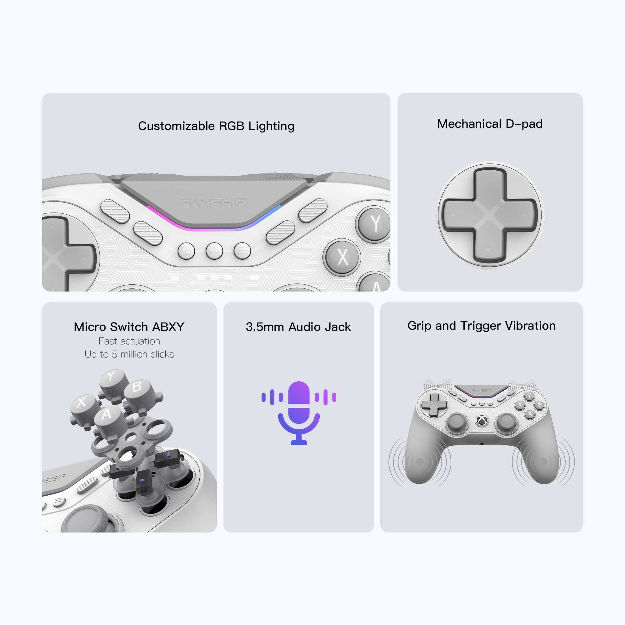 1. Customizable RGB LightingThe controller features a v-shaped dynamic light strip located in the center console. Through the GameSir Nexus software, players can customize colors, brightness, and lighting effects (such as breathing or cycling) to match their gaming setup.2. Mechanical D-padThe directional pad utilizes Mechanical Tactile Switches. Unlike traditional