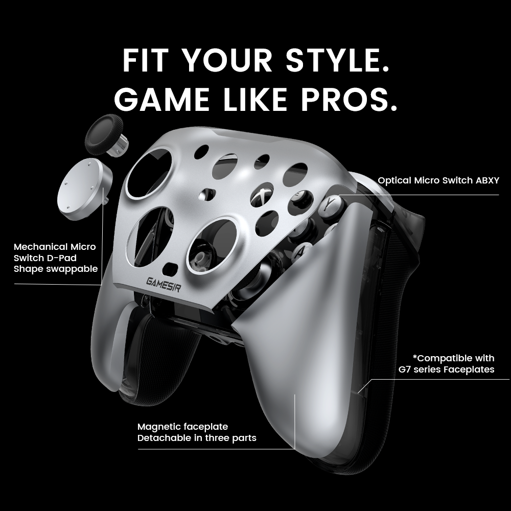 Fit Your Style & Game Like ProsThe GameSir G7 Pro Metallic Silver features a three-part detachable magnetic faceplate and a swappable mechanical Micro Switch D-Pad. It is equipped with Optical Micro Switch ABXY buttons, combining elite customization with professional-grade hardware.