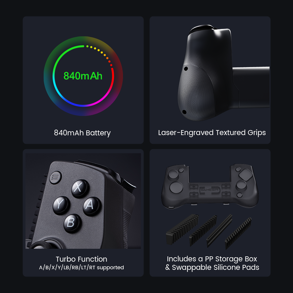 The game controller is equipped with an 840mAh battery and laser-engraved textured grips for enhanced comfort and control. It features a Turbo function supporting A/B/X/Y/LB/RB/LT/RT buttons and includes a PP storage box along with swappable silicone pads.