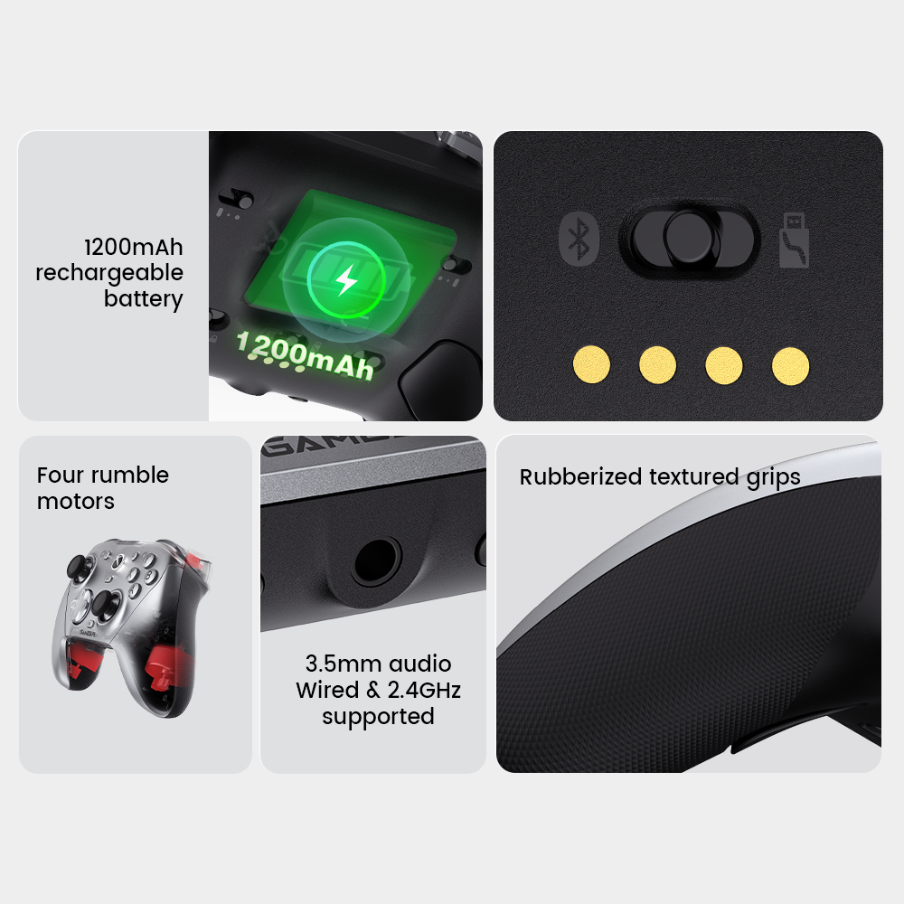 Ultimate Gaming Comfort & PowerThe GameSir G7 Pro Metallic Silver is equipped with a 1200mAh rechargeable battery and four rumble motors for immersive feedback. It features rubberized textured grips for comfort and a 3.5mm audio jack that supports both wired and 2.4GHz wireless modes.