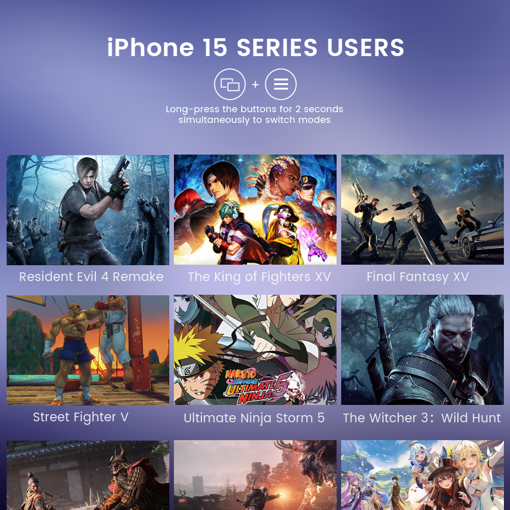 PS/Android/G-Touch modes for controller-supported games, PS Remote Play, and touchscreen-only games on Android and iOS