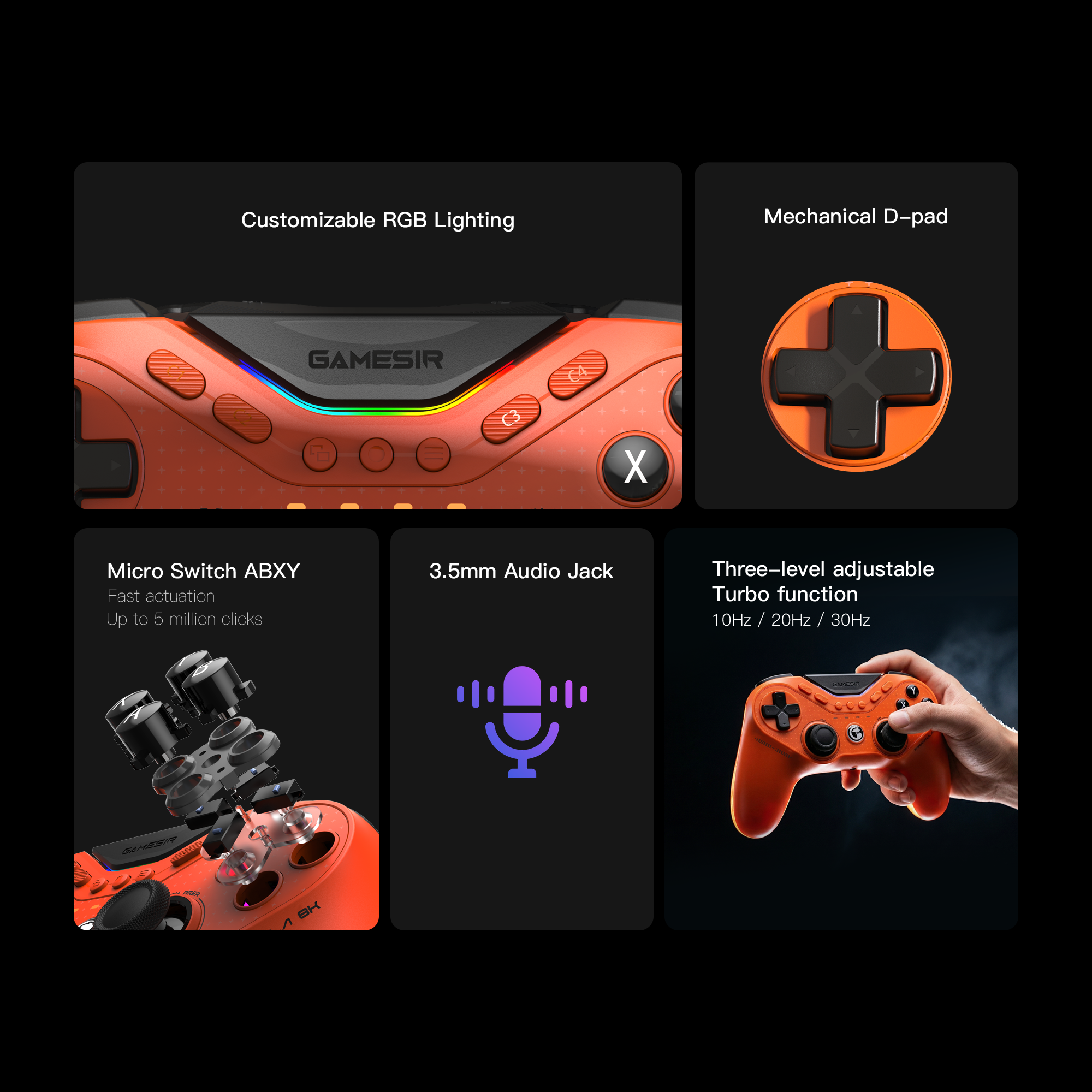 Engineered for ultimate precision, this GameSir controller features Micro Switch ABXY buttons for rapid actuation and a durable 5-million-click lifespan, paired with a tactile Mechanical D-pad for flawless control. Enhance your gameplay with the three-level adjustable Turbo function (offering 10Hz, 20Hz, and 30Hz speeds) and stay fully immersed via the integrated 3.5mm Audio Jack. Topped off with Customizable RGB Lighting, this controller delivers the perfect blend of elite performance and stunning personalized aesthetics.