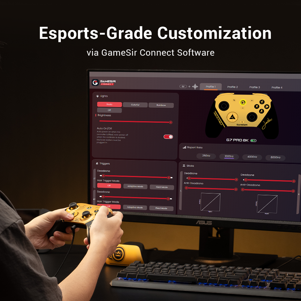 GameSir G7 Pro 8K PC Champion Edition through its dedicated GameSir Connect Software.1. Trigger Customization (LT & RT)The software provides granular control over the Hall Effect analog triggers:Deadzone Adjustment: Sliders allow you to set the starting and ending points of the trigger pull. This ensures the trigger only registers when you want it to, preventing accidental inputs.Hair Trigger Mode: This can be toggled on to eliminate the analog travel distance digitally, making the trigger respond instantly like a mouse click.Adaptive & Fixed Modes: Players can choose different response curves to match the game type, such as a linear pull for racing or a more aggressive response for shooters.2. Comprehensive Performance TuningWhile the triggers are the focus of this specific screen, the GameSir Connect suite typically allows for:Stick Calibration: Setting deadzones and response curves for the Gen-2 TMR magnetic sticks.Button Remapping: Reassigning any face button or bumper, including the four extra macro buttons.Polling Rate Selection: Toggling between different report rates, up to the flagship 8000Hz (8K) for the lowest possible latency.Vibration Intensity: Adjusting the strength of the four independent rumble motors.Why it's 