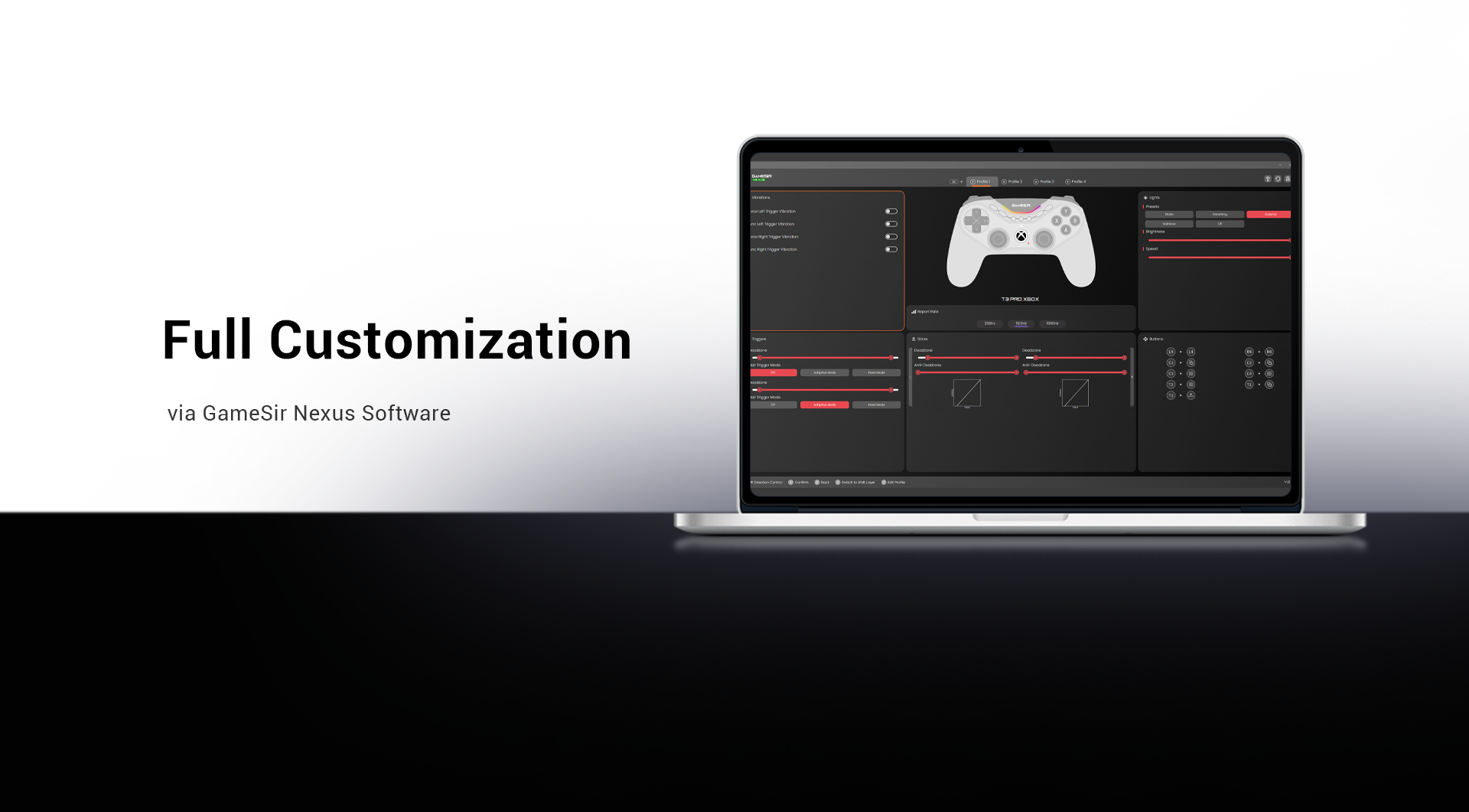 This image illustrates the Full Customization capabilities of the GameSir Tarantula Pro for Xbox via the dedicated GameSir Nexus Software.The software interface shown on the laptop screen allows players to surgically fine-tune the controller’s internal hardware to match their specific playstyle and the demands of different game genres. Key customizable categories include:1. Advanced Haptics (Vibrations)The software provides granular control over the Quad-Motor system. Players can independently adjust the vibration intensity for the left and right grips as well as the left and right triggers, or sync them for a unified tactile feel.2. Trigger PerformanceFor the Hall Effect analog triggers, the software allows for:Deadzone Calibration: Setting the starting and ending points of a trigger pull to prevent accidental inputs.Response Modes: Toggling between 