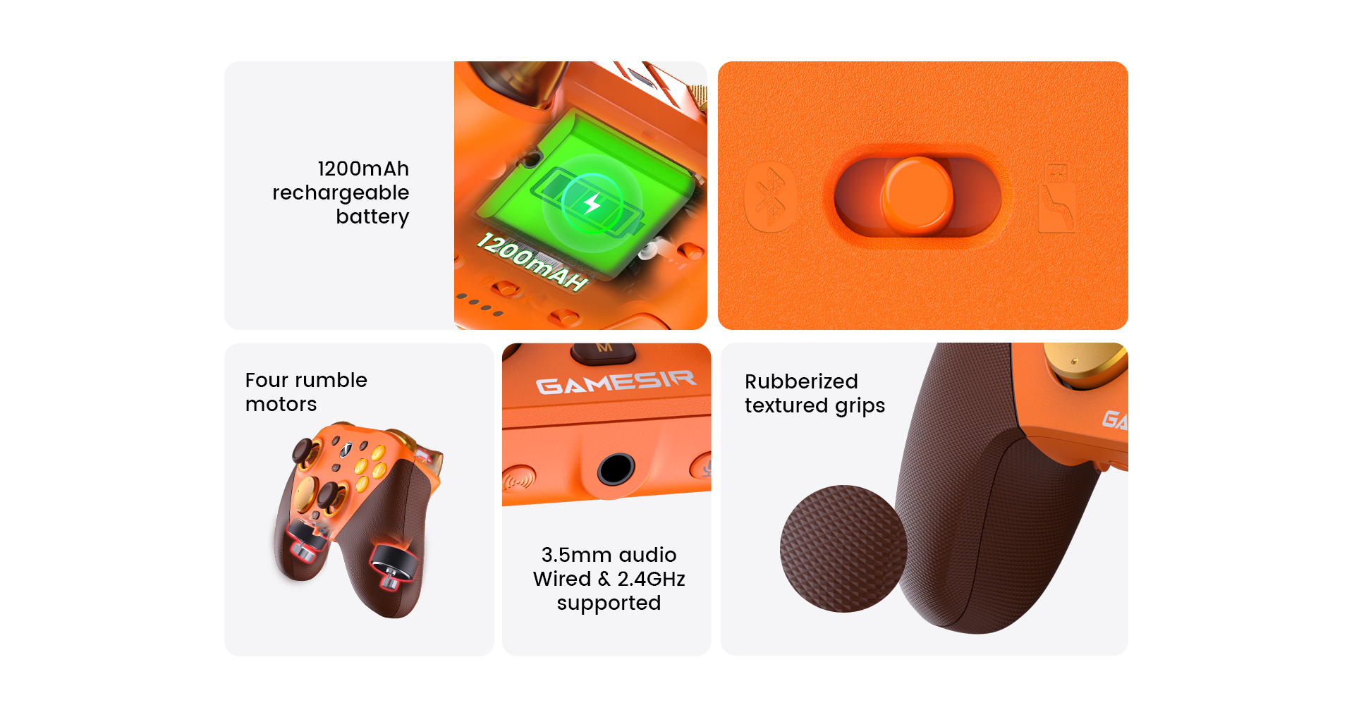 GameSir G7 Pro: 1200mAh battery, quad-motor rumble, 3.5mm audio (Wired/2.4GHz), and premium rubberized textured grips.