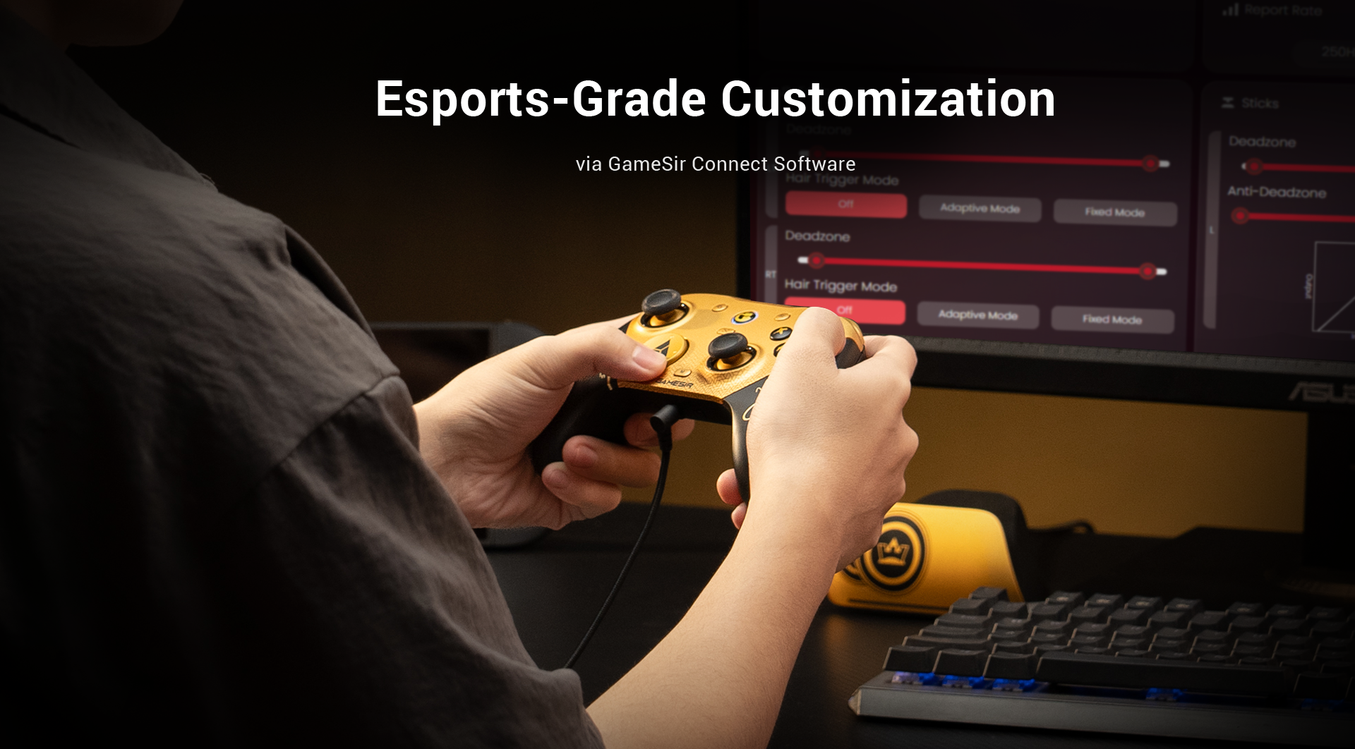 GameSir G7 Pro 8K PC Champion Edition through its dedicated GameSir Connect Software.1. Trigger Customization (LT & RT)The software provides granular control over the Hall Effect analog triggers:Deadzone Adjustment: Sliders allow you to set the starting and ending points of the trigger pull. This ensures the trigger only registers when you want it to, preventing accidental inputs.Hair Trigger Mode: This can be toggled on to eliminate the analog travel distance digitally, making the trigger respond instantly like a mouse click.Adaptive & Fixed Modes: Players can choose different response curves to match the game type, such as a linear pull for racing or a more aggressive response for shooters.2. Comprehensive Performance TuningWhile the triggers are the focus of this specific screen, the GameSir Connect suite typically allows for:Stick Calibration: Setting deadzones and response curves for the Gen-2 TMR magnetic sticks.Button Remapping: Reassigning any face button or bumper, including the four extra macro buttons.Polling Rate Selection: Toggling between different report rates, up to the flagship 8000Hz (8K) for the lowest possible latency.Vibration Intensity: Adjusting the strength of the four independent rumble motors.Why it's 