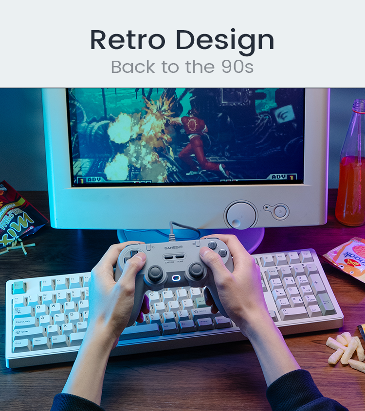 The GameSir Tegenaria Lite is a wired symmetric game controller that perfectly blends a nostalgic retro design with modern high-performance technology, taking you back to the 90s. It features ultra-low latency wired connection for a seamless and responsive gaming experience across multiple platforms, including PC, Switch, iOS, and Android. Designed for both style and functionality, the controller includes dedicated Capture and Home buttons, as well as an M function button to provide gamers with precise and convenient control.