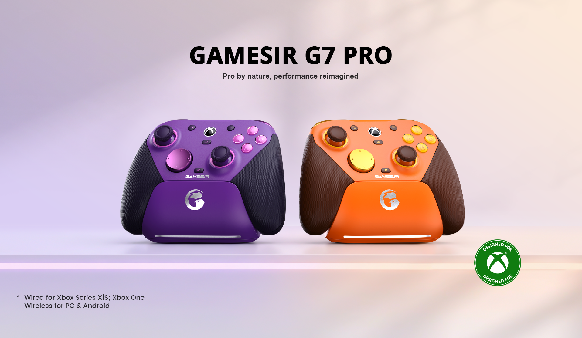 GameSir G7 Pro: An Xbox-licensed controller with wired Xbox and wireless PC/Android support. Available in Purple and Amber with integrated charging docks.