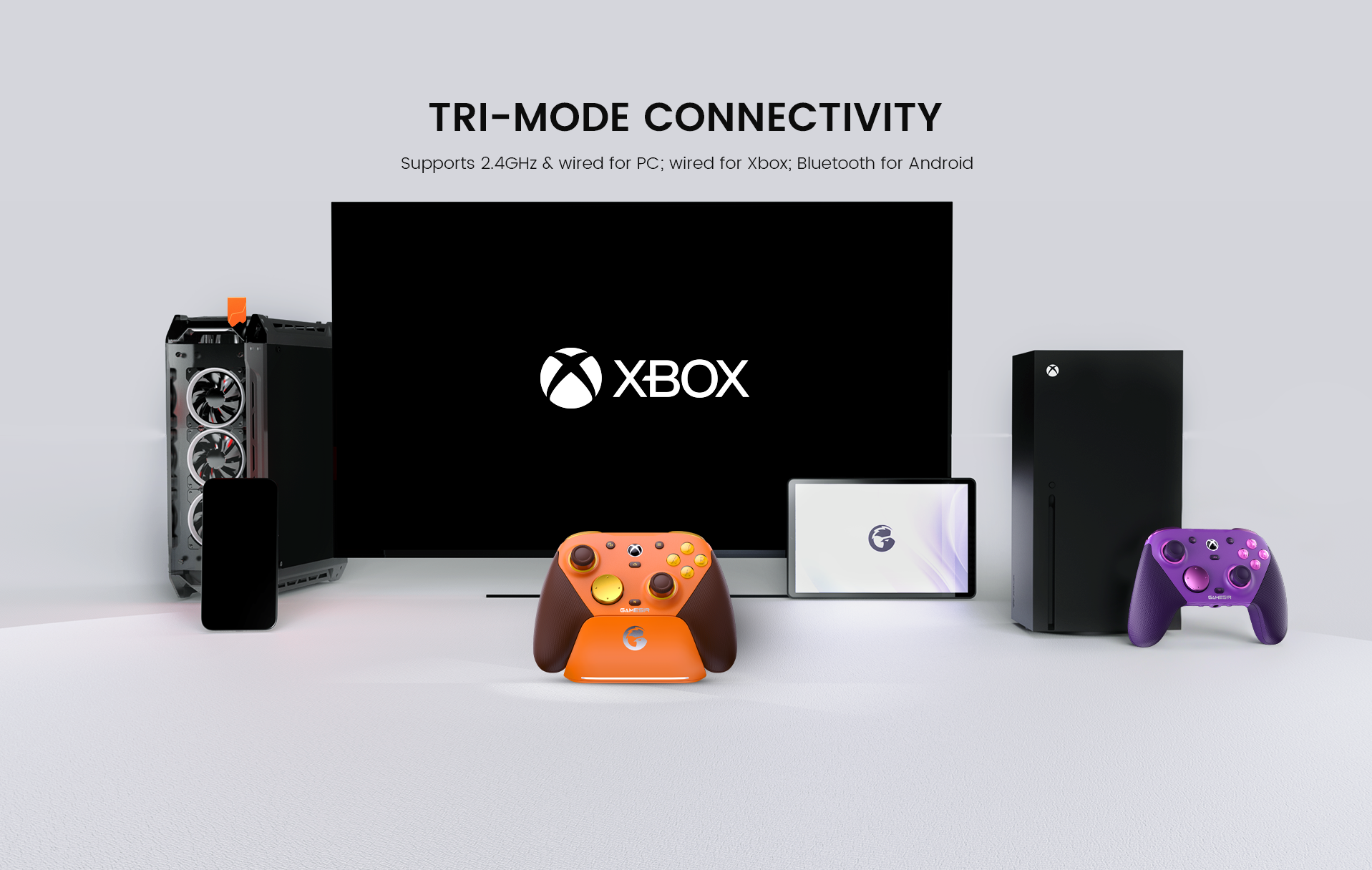 The GameSir G7 Pro features tri-mode connectivity: 2.4GHz/wired for PC, Bluetooth for Android, and wired for Xbox.