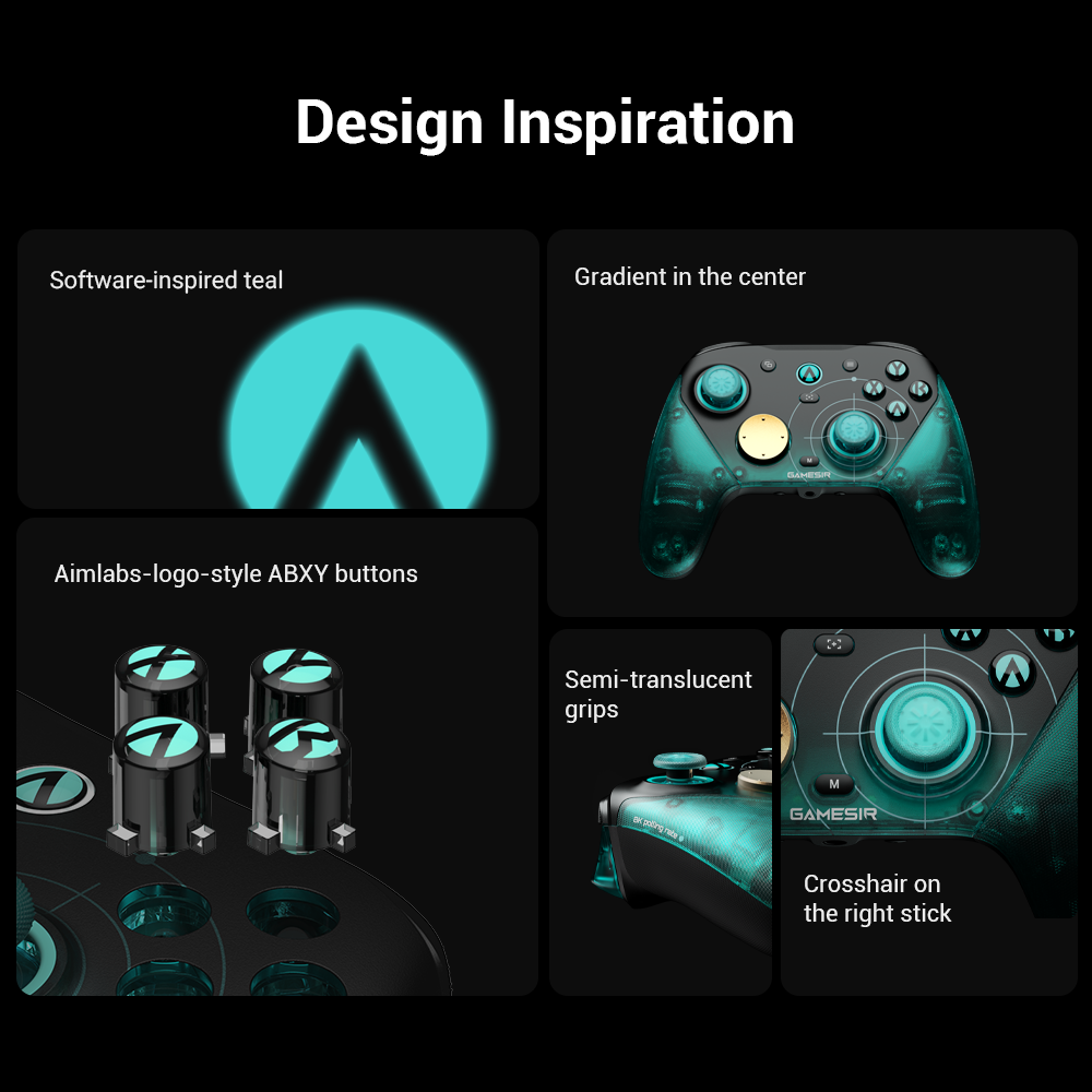 The G7 Pro 8K PC controller is a masterclass in modern gaming aesthetics. It features a software-inspired teal finish that captures the digital energy of the competitive scene. The custom Aimlabs-logo-style ABXY buttons offer a unique tactile identity, perfectly complemented by a striking radial gradient that draws the eye toward the center of the device. For a premium feel, the semi-translucent grips provide a glimpse into the internal engineering while offering superior comfort. Finally, the tactical crosshair etched onto the right stick serves as a constant reminder of your goal: pinpoint precision in every shot.