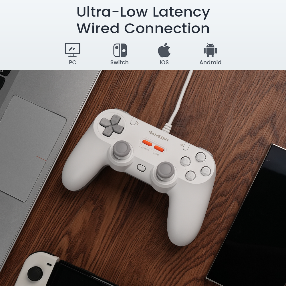The GAMESIR TEGENARIA LITE is a wired symmetric game controller featuring ultra-low latency wired connection technology for a seamless and responsive gaming experience. It offers broad multi-platform compatibility, supporting PC, Switch, iOS, and Android devices. The controller is equipped with dedicated Capture and Home buttons, ensuring convenient control and high-performance gameplay for every user.