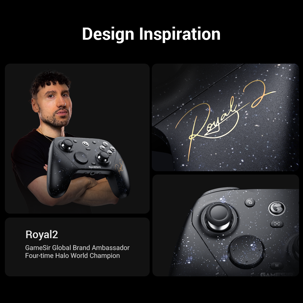 G7 Pro 8K PC Royal2 Edition Inspired by Halo legendary player - Royal2Its deep black finish, meticulously dotted with a stardust galaxy pattern, captures the infinite scope of Halo battles and Royal2's calm precision under pressure. Resting on its sleek black charging base, centered by a gleaming golden crown logo, the controller feels like a relic from a lost space-faring kingdom, symbolizing a lasting legacy. On the right grip, Royal2's signature, rendered in hot gold stamping, serves as a legendary seal, a pledge of dominance. This isn't just a controller; it's a cosmic scepter for the true champion.