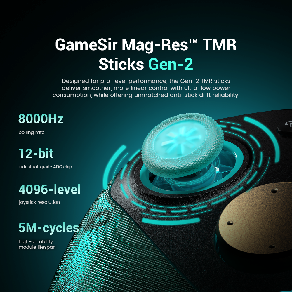 GameSir G7 Pro 8K PC - Aimlabs Edition game controller.GameSir Mag-Res™ TMR Sticks Gen-2.Experience the next level of immersion with the Gen-2 TMR sticks, designed to meet the rigorous demands of professional play. Whether you are fine-tuning a long-range shot or executing a sharp drift, these sticks provide the smooth, linear precision you need. Enjoy extended wireless play thanks to their ultra-low power consumption, and play with peace of mind knowing the anti-drift technology will keep your aim true for years to come.