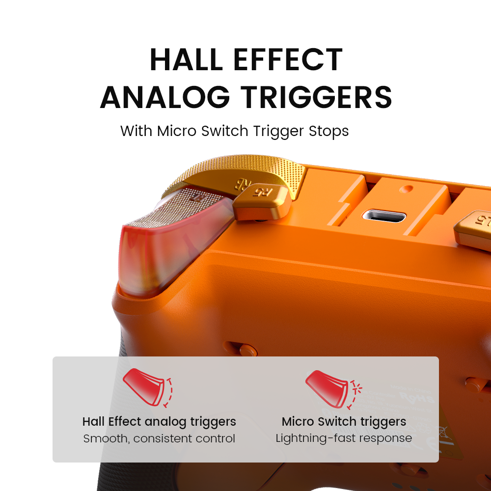 GameSir G7 Pro features Hall Effect analog triggers for smooth, precise control, along with micro switch trigger stops for lightning-fast response in competitive gaming.