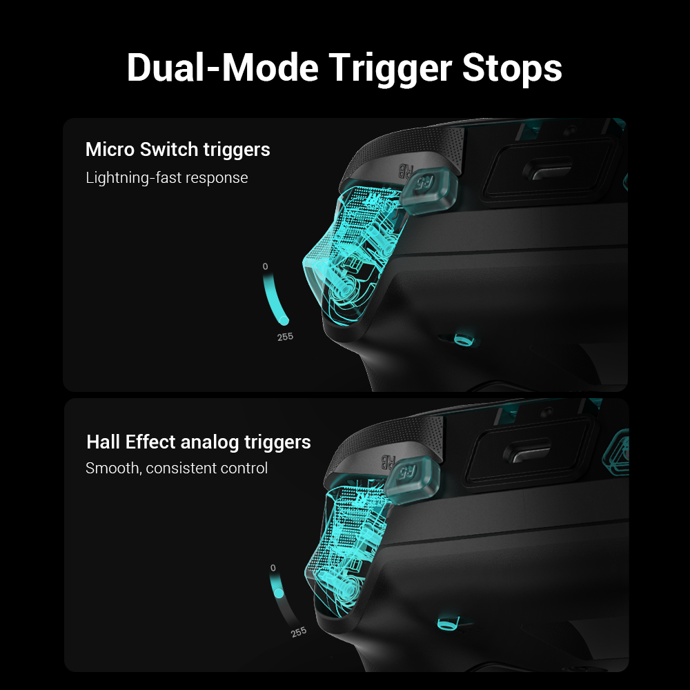 GameSir G7 Pro 8K PC - Aimlabs Edition game controller. Master every game genre with our innovative Dual-Mode Trigger Stops. Seamlessly switch between Micro Switch triggers for a crisp, mouse-click feel and lightning-fast response—perfect for competitive FPS titles—or engage the Hall Effect analog triggers for smooth, consistent control, providing the precise linear input required for racing and simulation games.