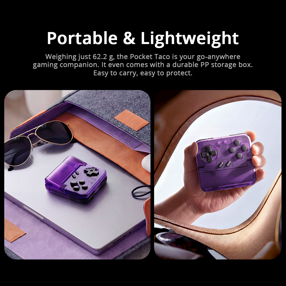 Weight: It weighs only 62.2 g (approx. 0.14 lbs). To put that in perspective, it is lighter than a standard tennis ball (56–59g) and roughly one-third the weight of a typical modern smartphone.Durable PP Storage Box: The text mentions it comes with a polypropylene (PP) storage box. This is a hard-plastic, protective travel case that prevents the buttons and sticks from being pressed or damaged while it’s tossed in a backpack, suitcase, or pocket.Compact Form Factor: The visuals show the controller being easily held in the palm of a hand and stored alongside a slim laptop, emphasizing its role as a 