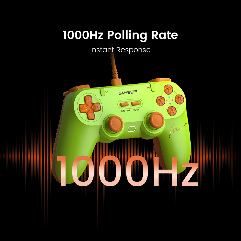 GameSir Tegenaria Lite (MenaRD Collaboration Edition), a specialized wired controller designed for high-performance gaming.1. 1000Hz Polling RateThis metric defines the speed at which the controller communicates with your PC or console.Instant Response: A 1000Hz polling rate means the controller reports its input every 1.0 millisecond.The Advantage: This ultra-high frequency minimizes input lag, ensuring that every button press and stick movement is registered near-instantaneously. For competitive fighting games (the genre this controller is tuned for), this is critical for executing 